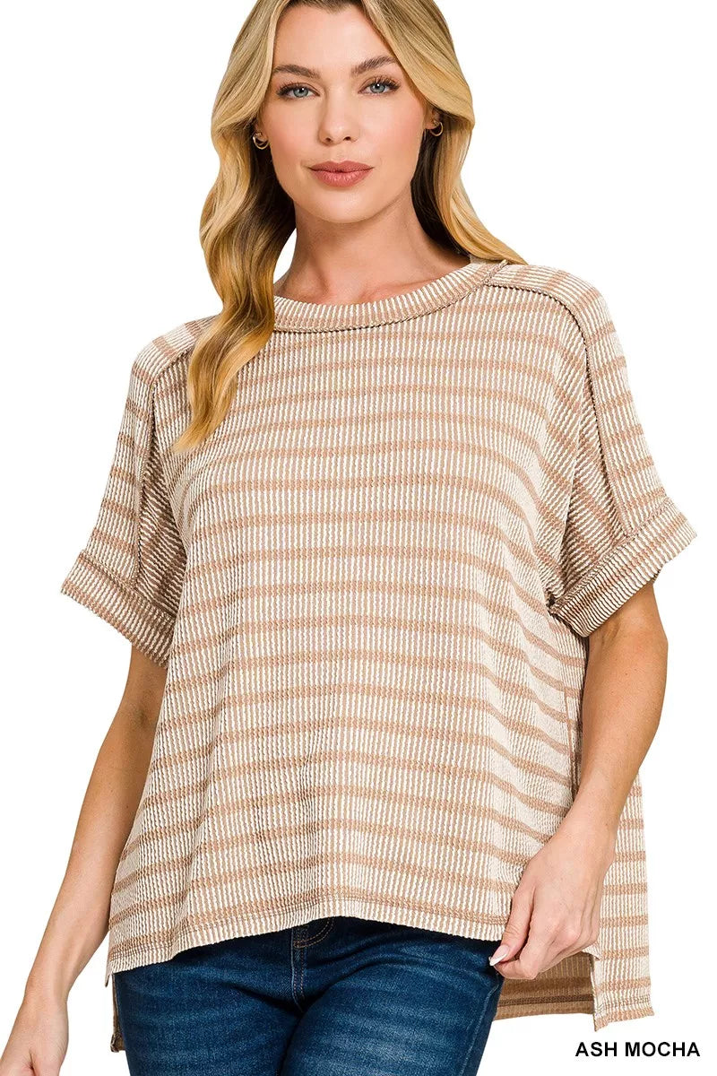 ASH MOCHA Ribbed striped short sleeve top with exposed seams