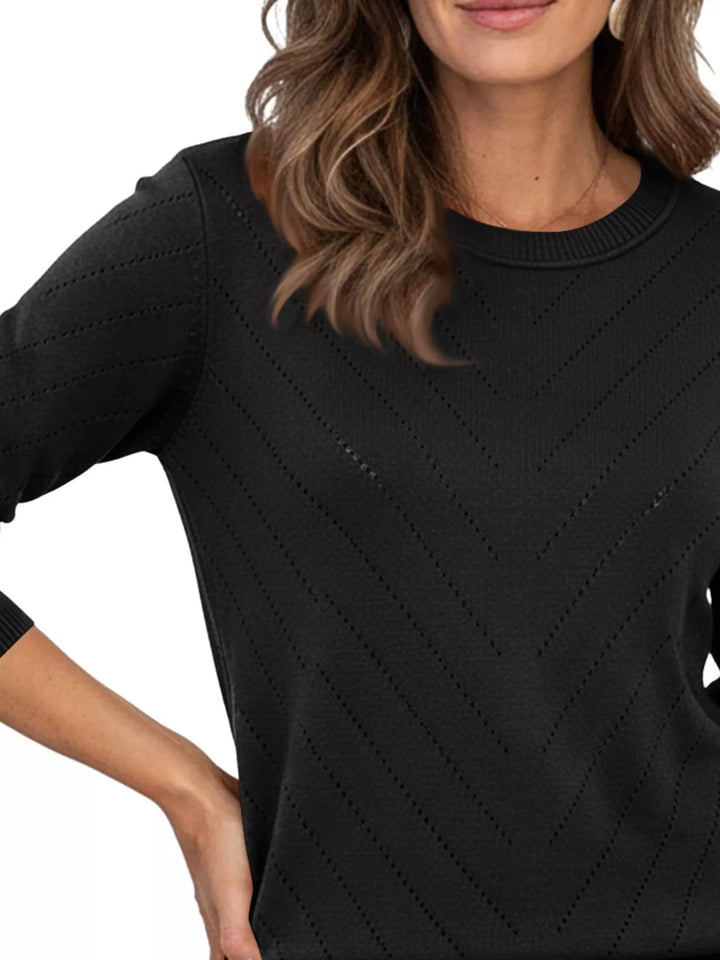Openwork chevron knit crew neck pullover sweater