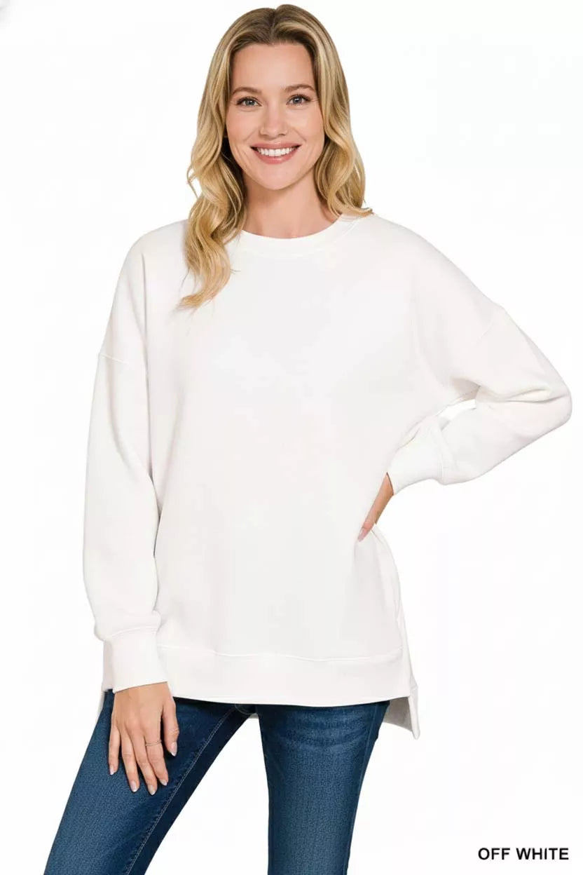 Hi-low fleece boyfriend sweatshirt with side pockets