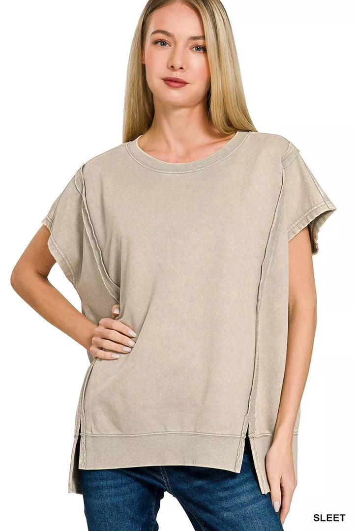 SLEET Acid-wash French terry top with exposed seams and hi-low hem