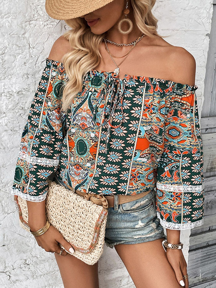 Boho print off-shoulder blouse with frill trim and flutter sleeves