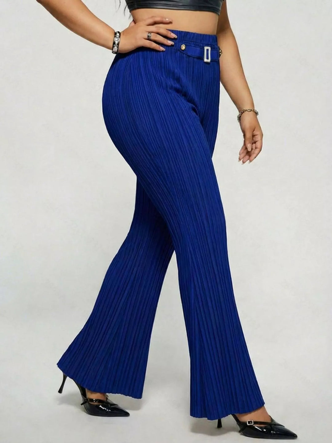 Plus size high-rise ribbed flare pants with buckle detail