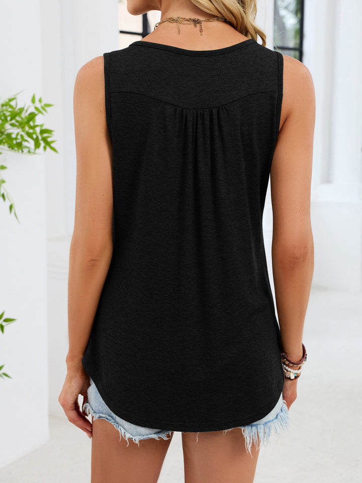 Ruched button-front sleeveless round neck tank top