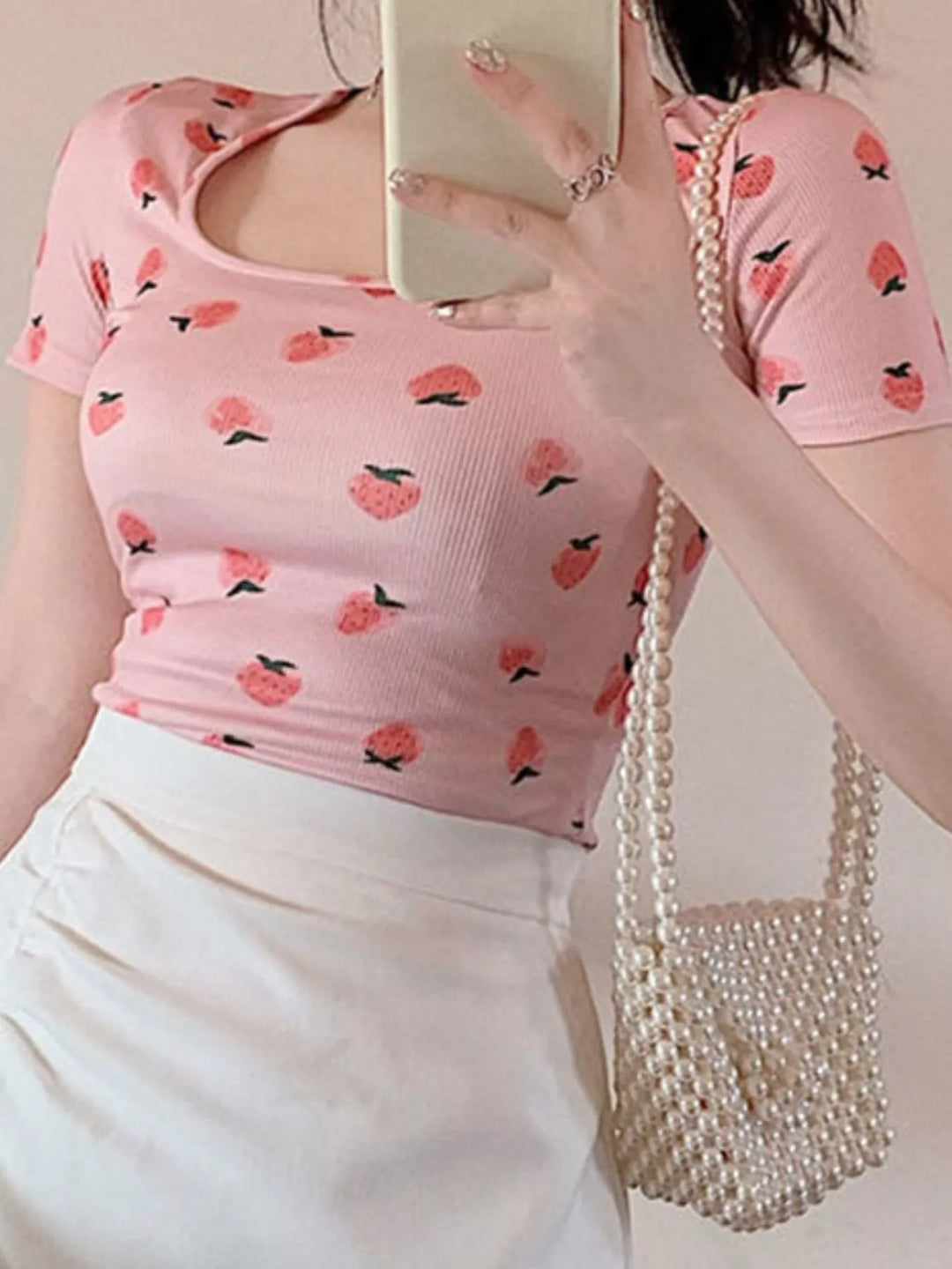 All-over fruit print square-neck crop top