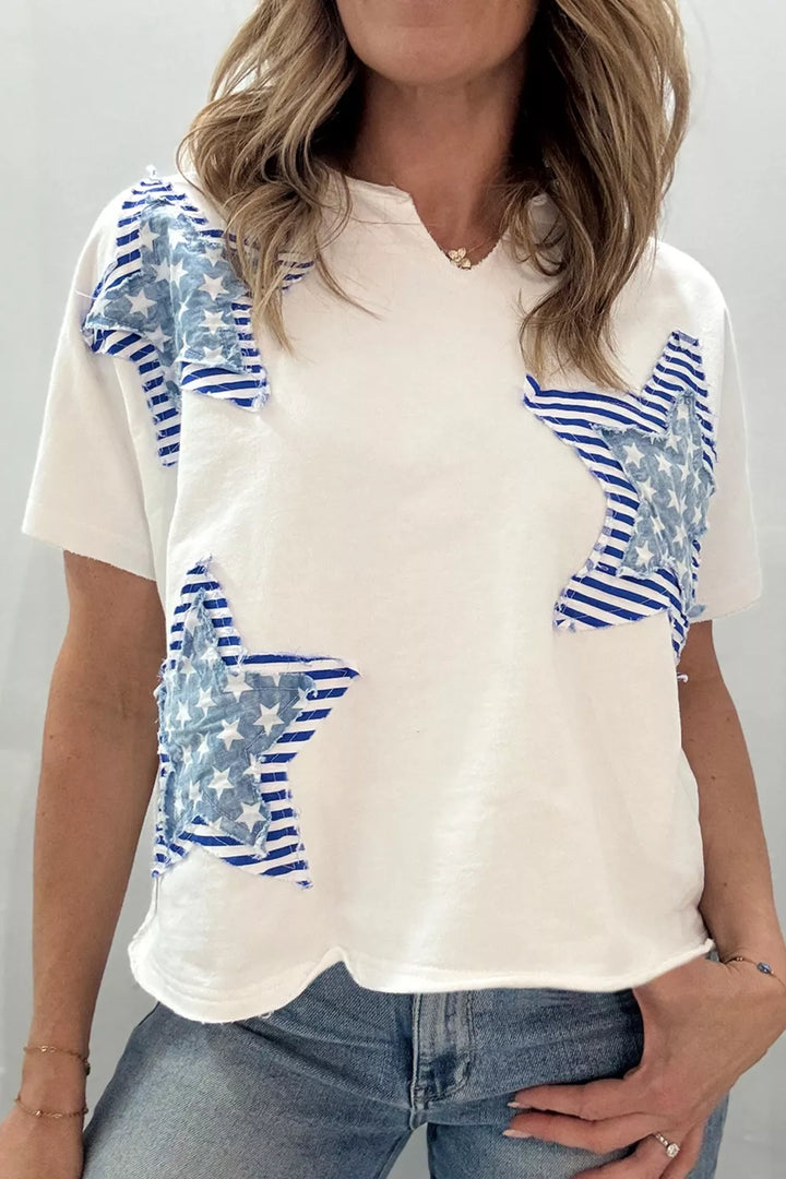 White Patriotic star-patch mineral-washed notched-neck tee