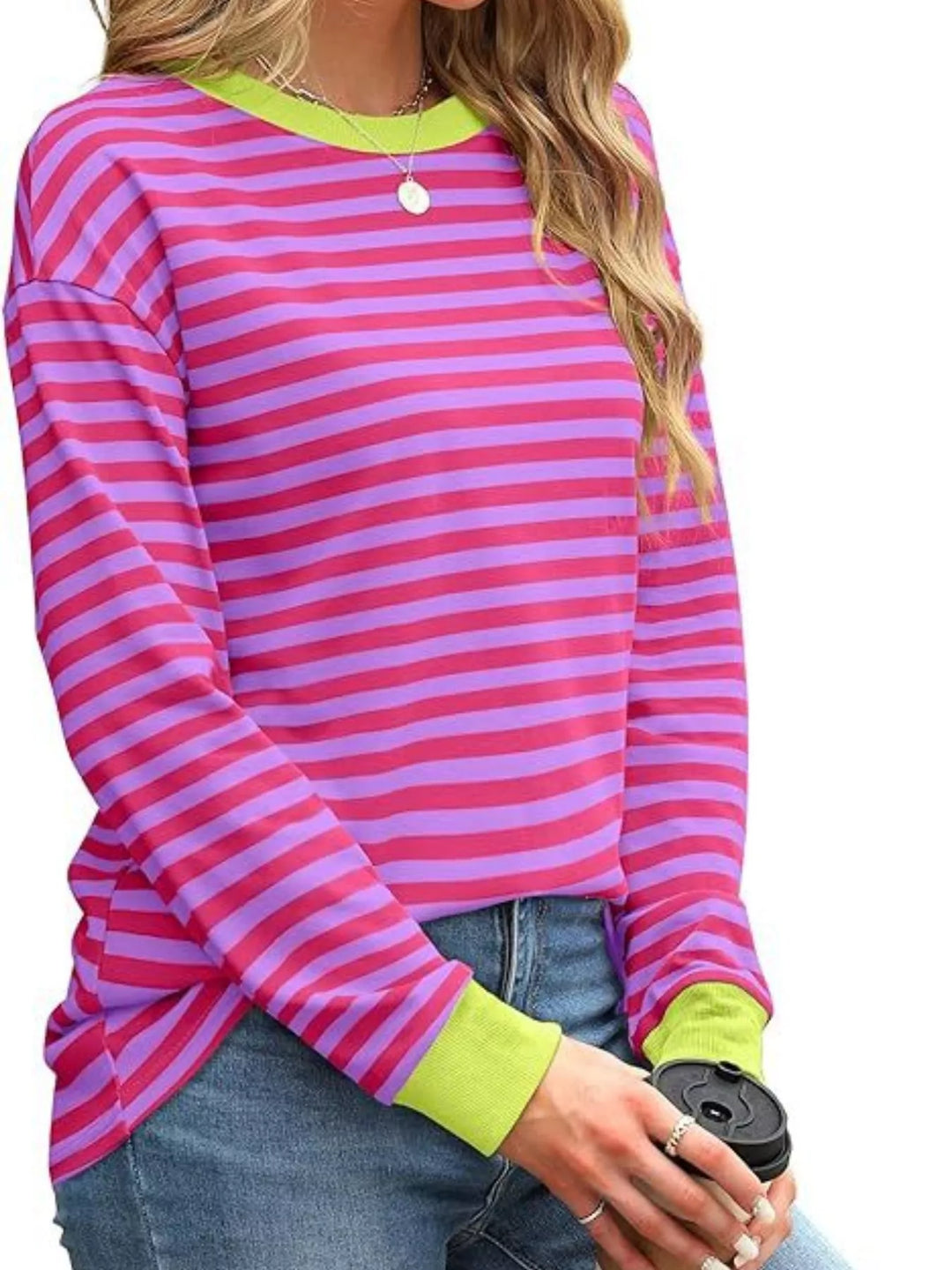 Contrast-trim striped long sleeve crew neck top