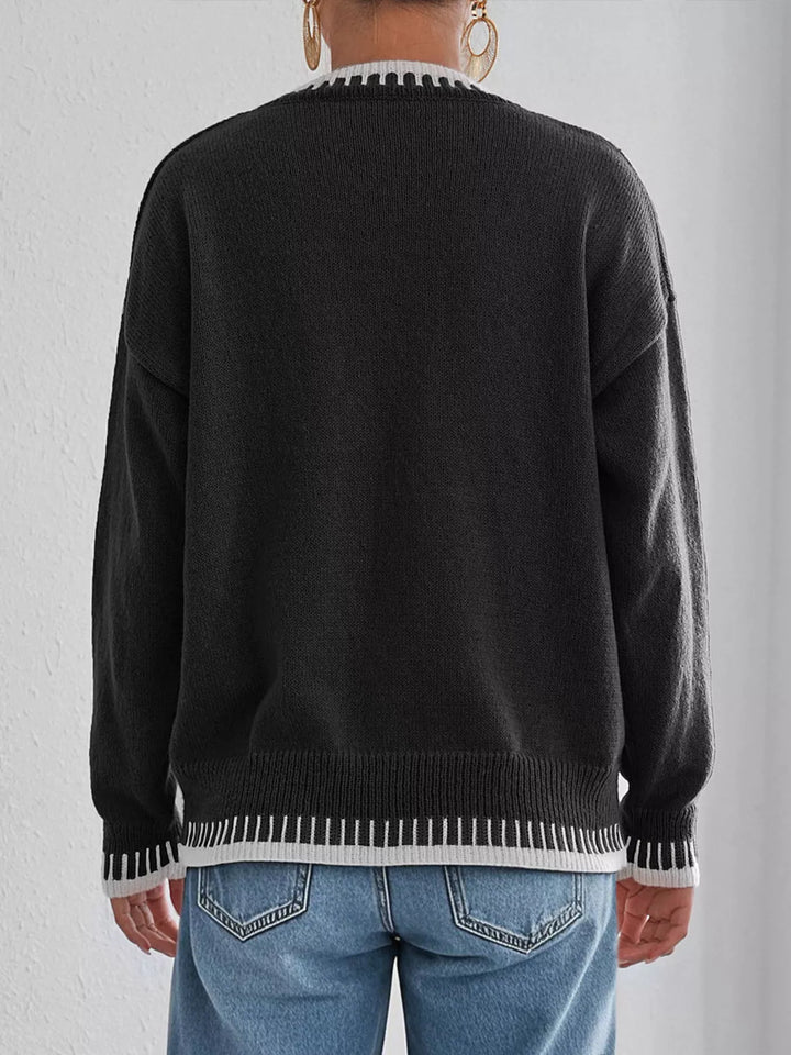 Contrast whipstitch trim drop shoulder crew neck sweater