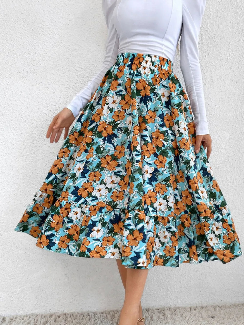 Teal Flared ruffle-tier midi skirt with elastic waist