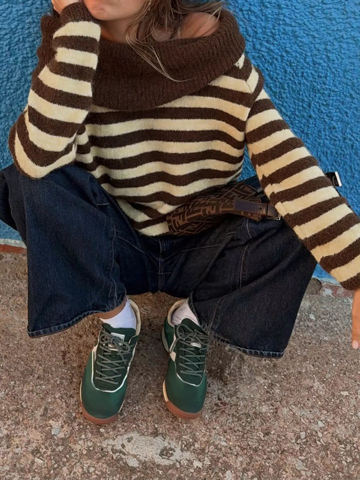 Striped off-shoulder knit sweater with foldover ribbed collar