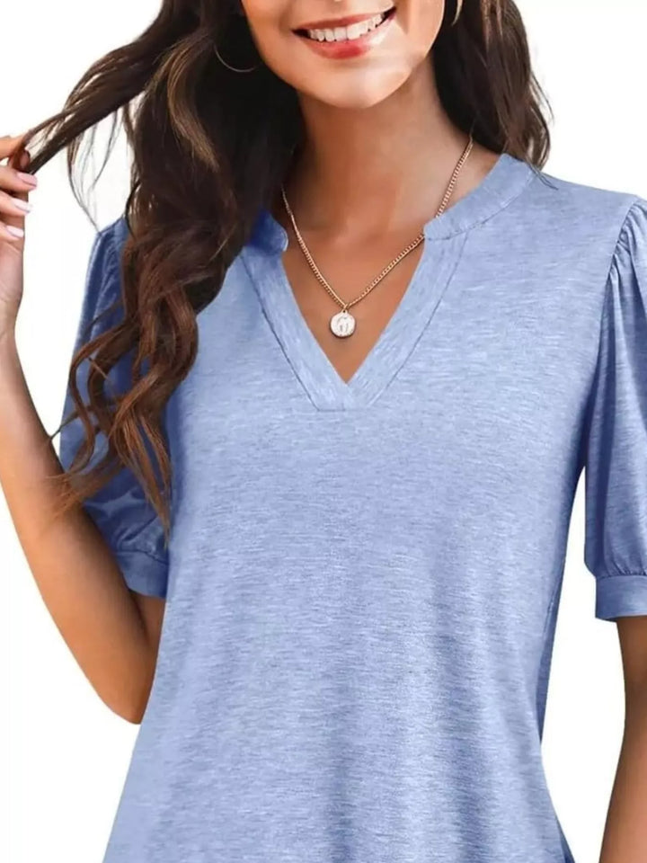 Short puff sleeve notched V-neck casual tee