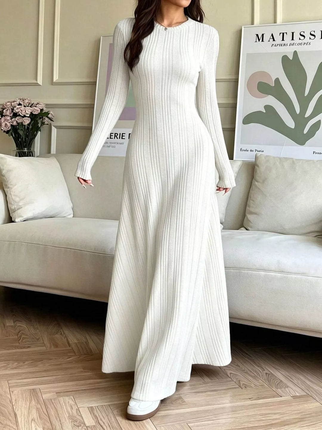 White Ribbed knit long sleeve maxi dress with flared skirt