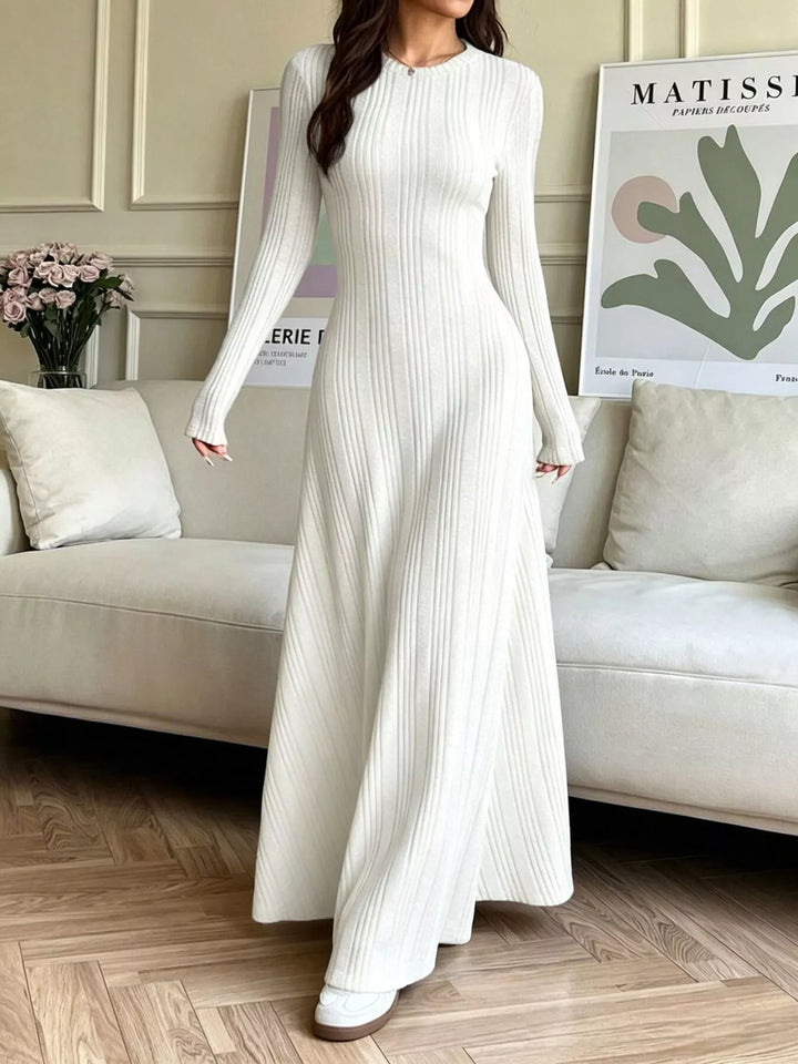 White Ribbed knit long sleeve maxi dress with flared skirt