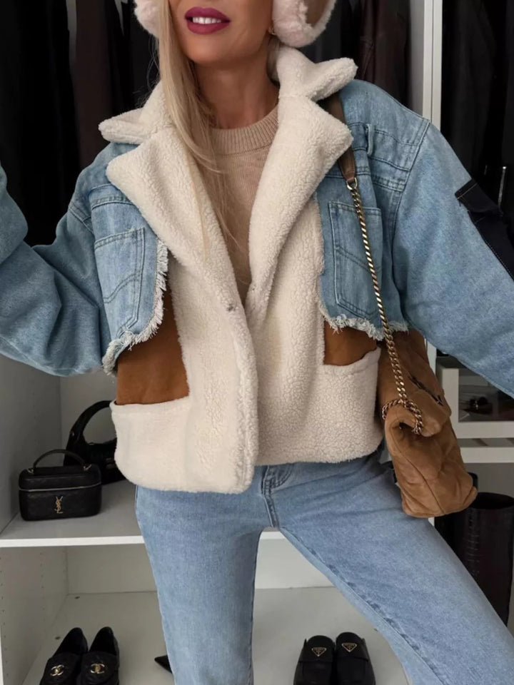 Light Blue Sherpa panel denim jacket with raw hem and notch lapel
