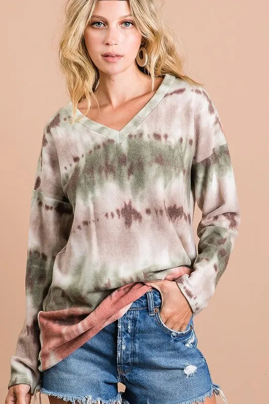 OLIVE/TAUPE/RUST Brushed knit tie-dye V-neck long sleeve top