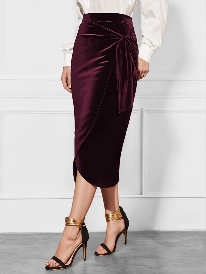 Burgundy Stretch velvet midi skirt with side tie and slit