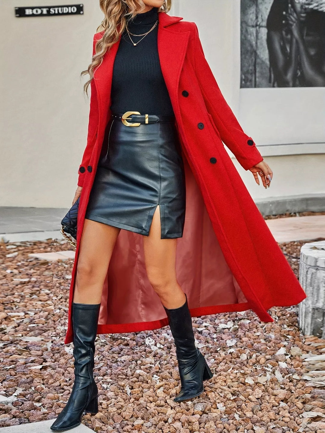 Double-breasted longline trench coat with notch lapels