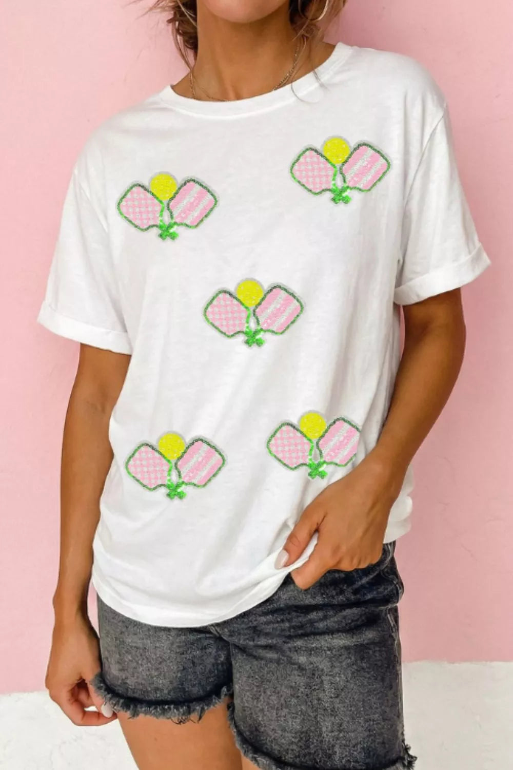 Scattered sequin pickleball graphic short sleeve tee