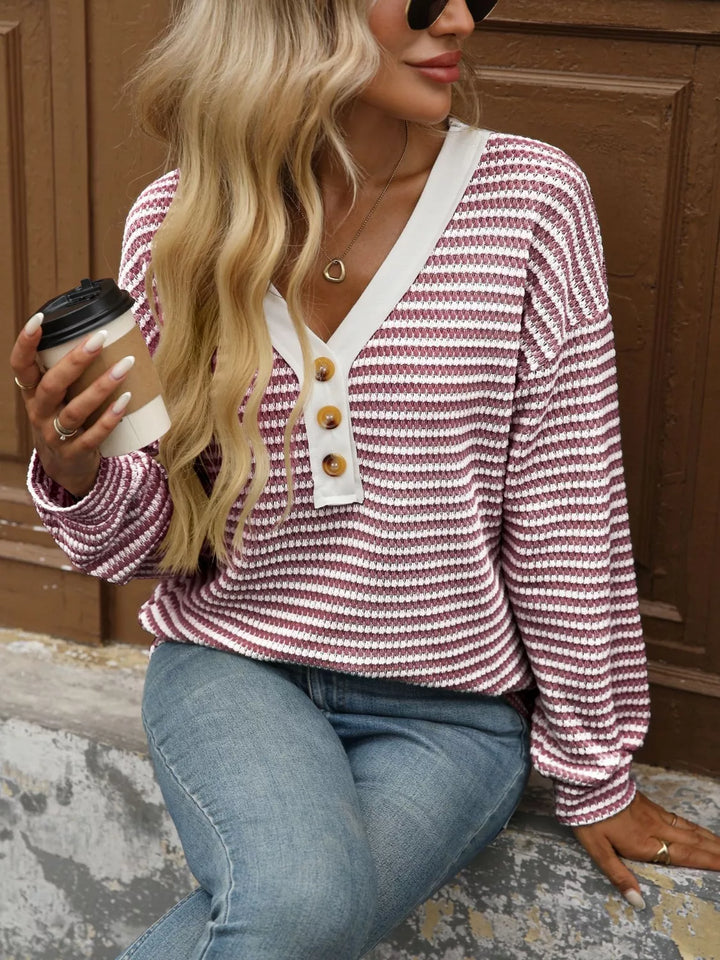 Striped waffle knit henley top with button placket