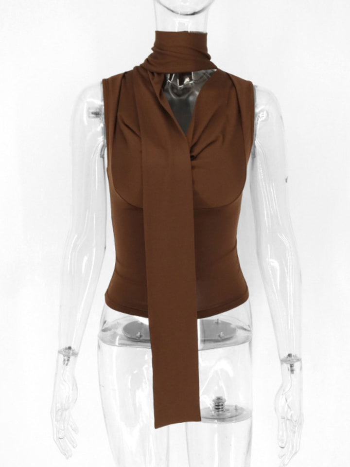 Ruched cowl neck cami with tie choker neckline