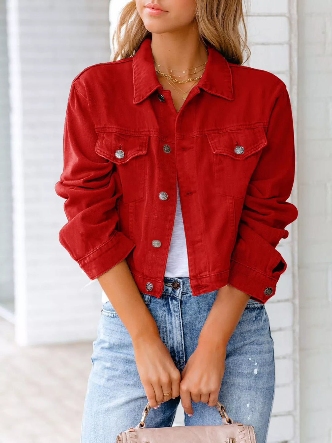 Scarlet Cropped button-up denim jacket with chest pockets