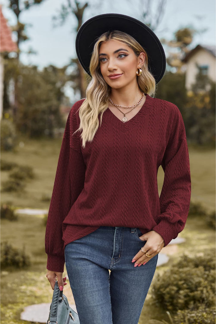 Burgundy Textured knit V-neck top with dropped shoulders