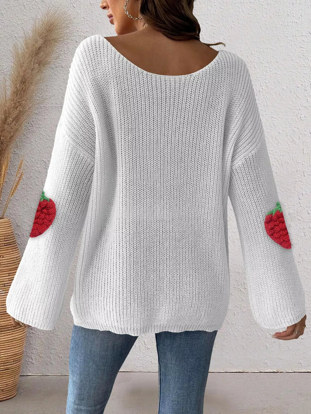 Strawberry applique ribbed knit oversized pullover sweater