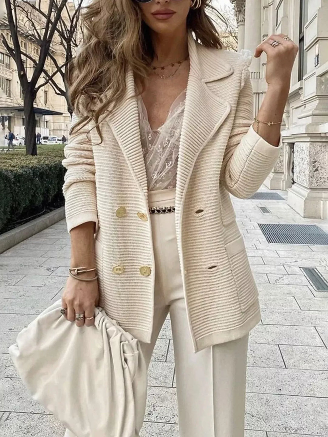 Apricot Ribbed knit double-breasted blazer with gold buttons