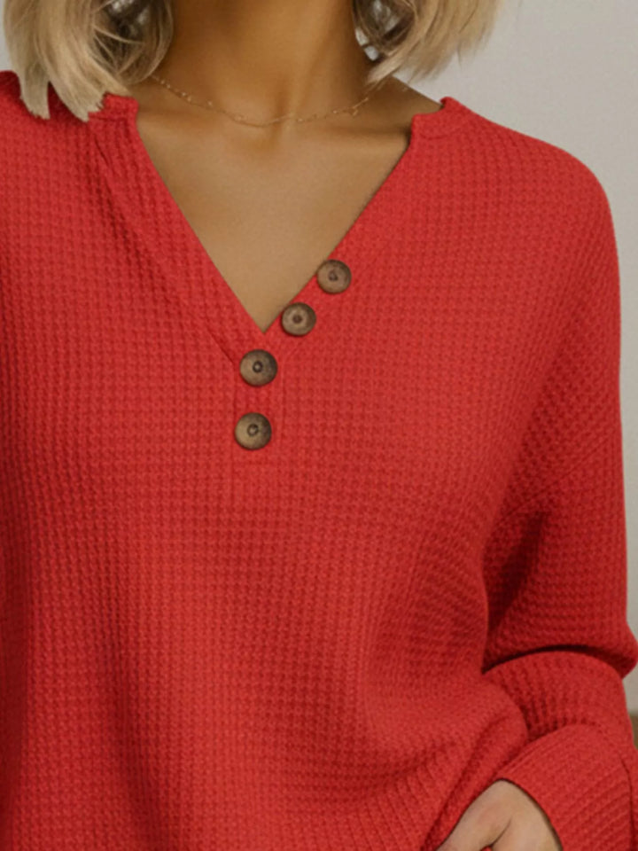 Waffle-knit long sleeve henley top with buttoned V-neck
