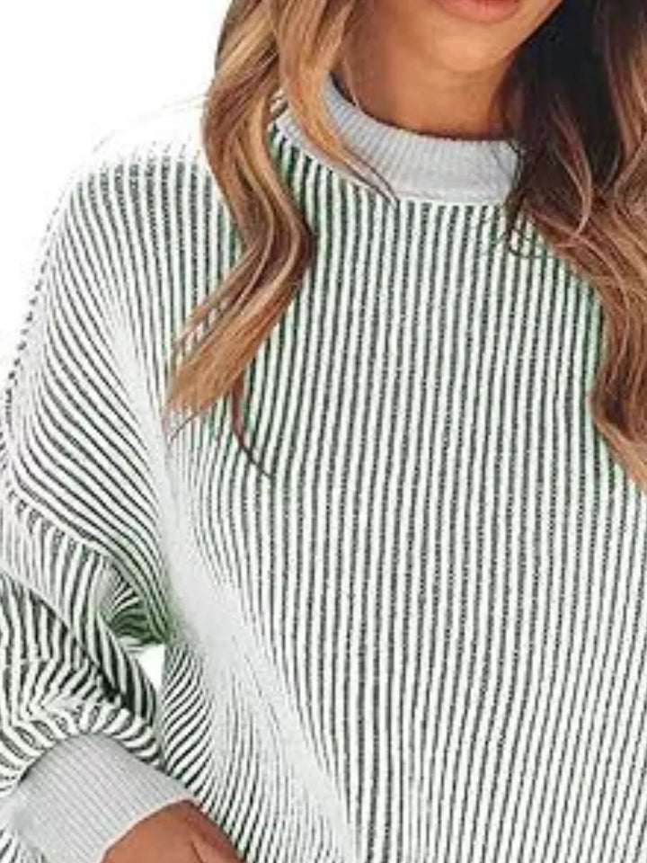 Striped ribbed knit drop shoulder sweater with side slits