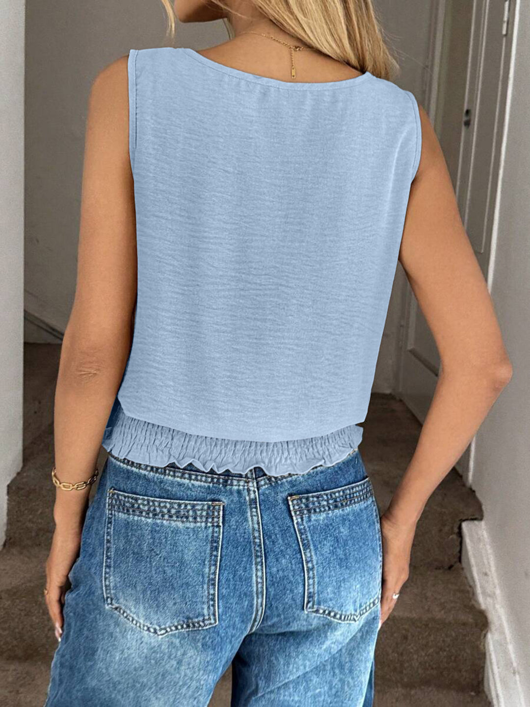 Smocked waist sleeveless tank with round neck
