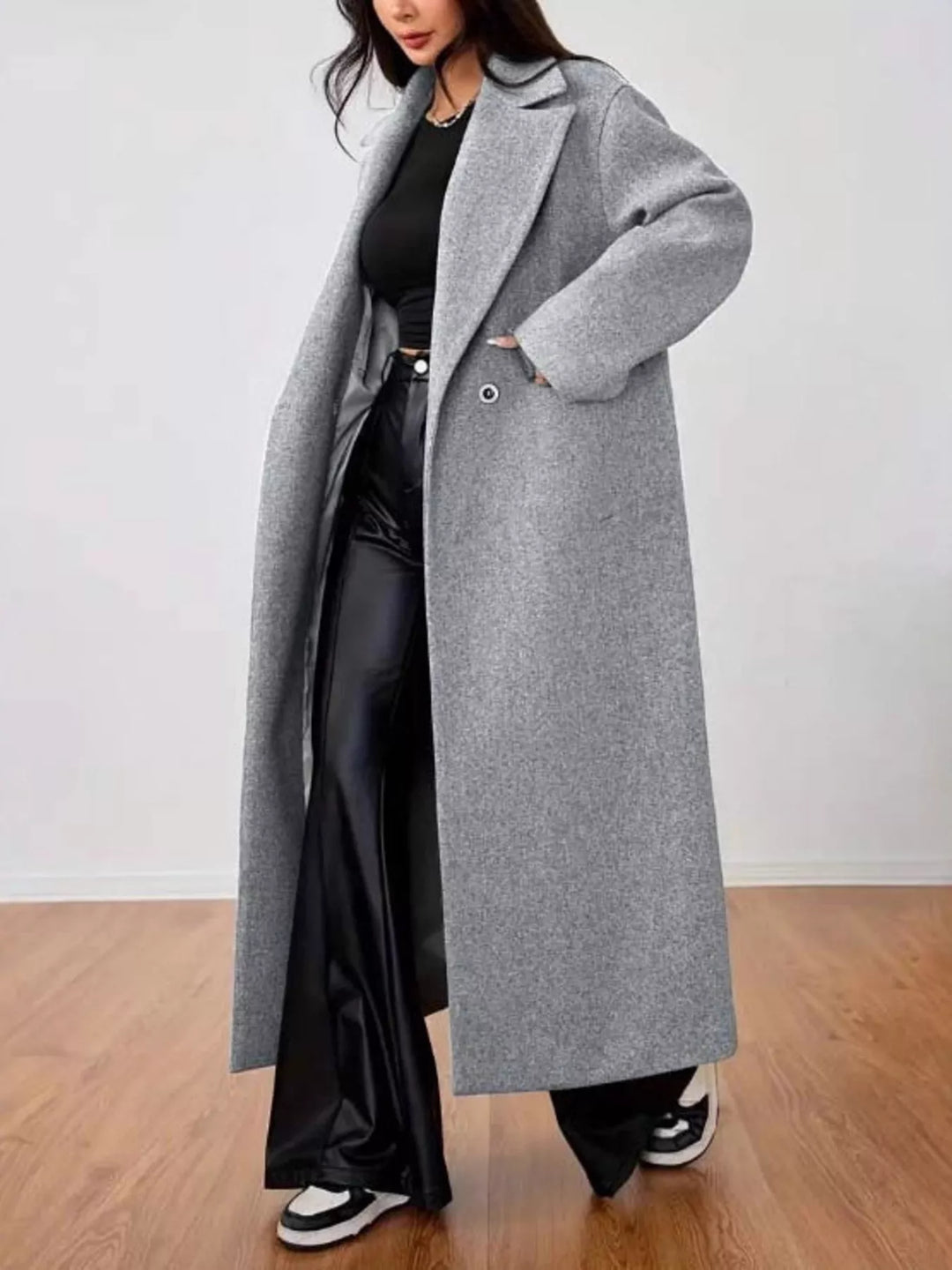 Notch lapel longline overcoat with flap pockets