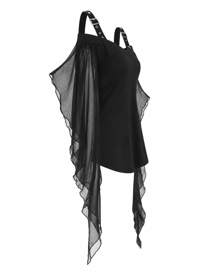 Off-shoulder buckle strap top with sheer mesh bell sleeves