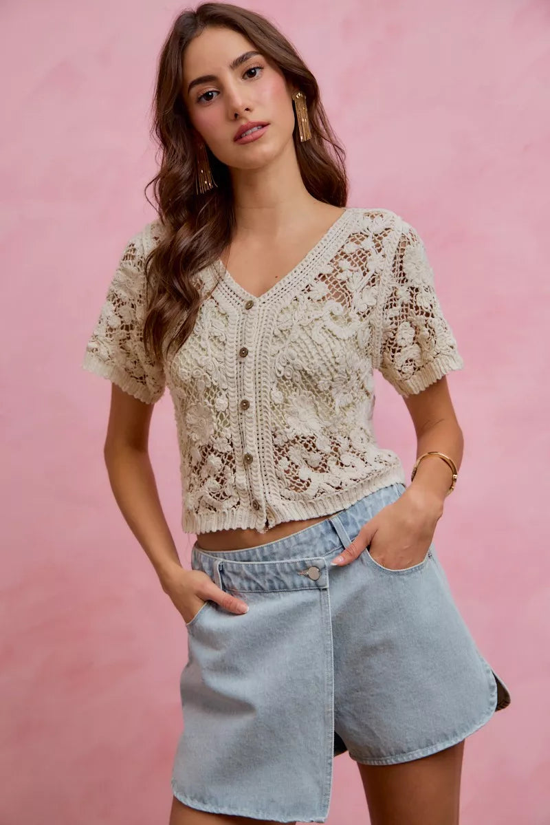 Wrap-front washed denim skort with pockets