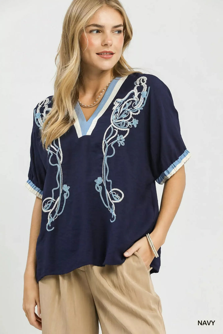 NAVY Embroidered floral V-neck boxy blouse with contrast trim