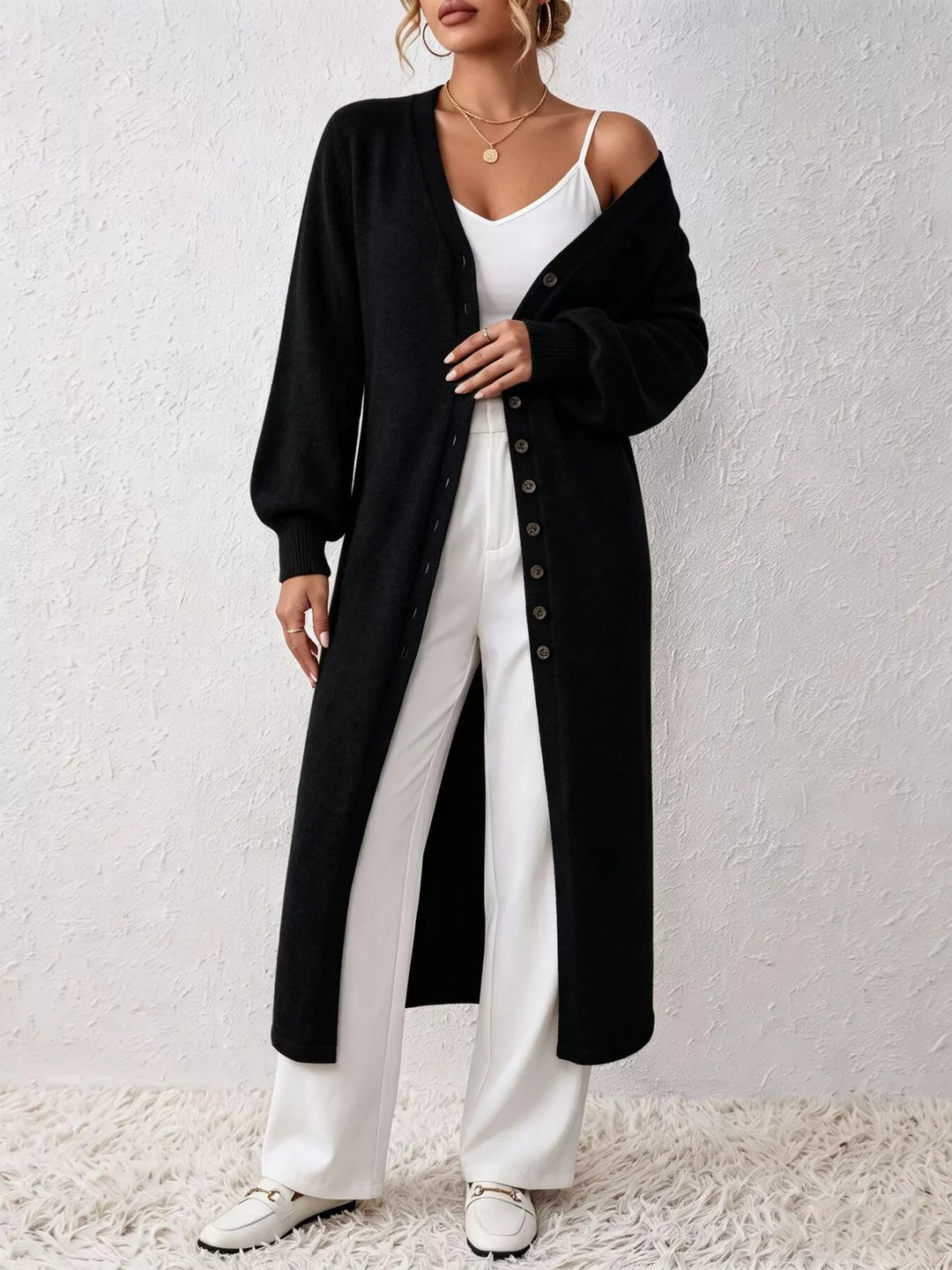 Black Button-front V-neck knit sweater midi dress