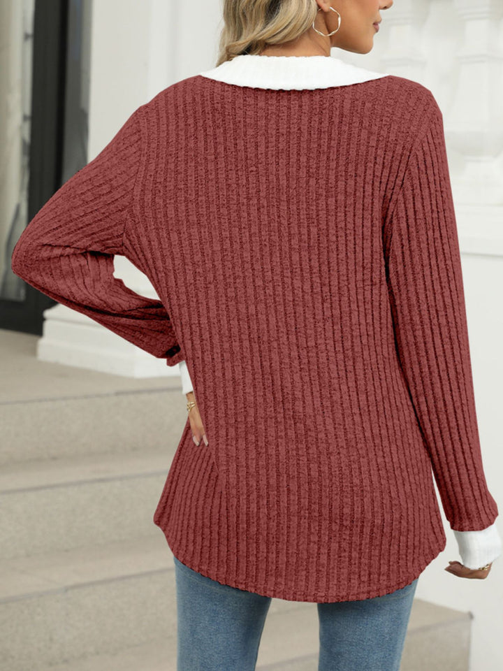 Ribbed knit long sleeve top with contrast collar and cuffs