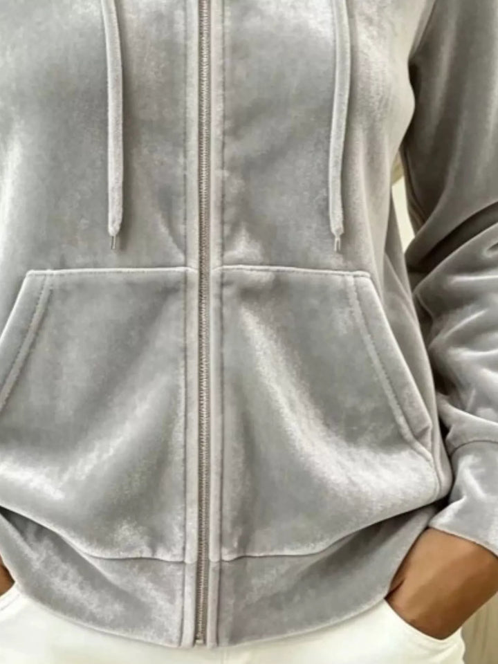 Velvet zip-up hoodie jacket with drawstring and front pockets