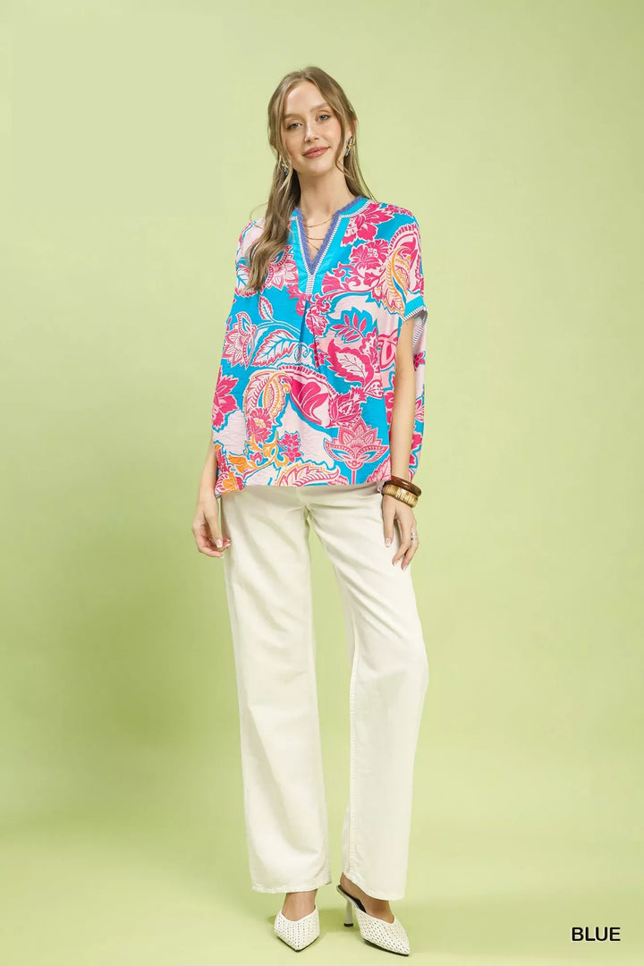 Abstract floral print oversized split-neck top
