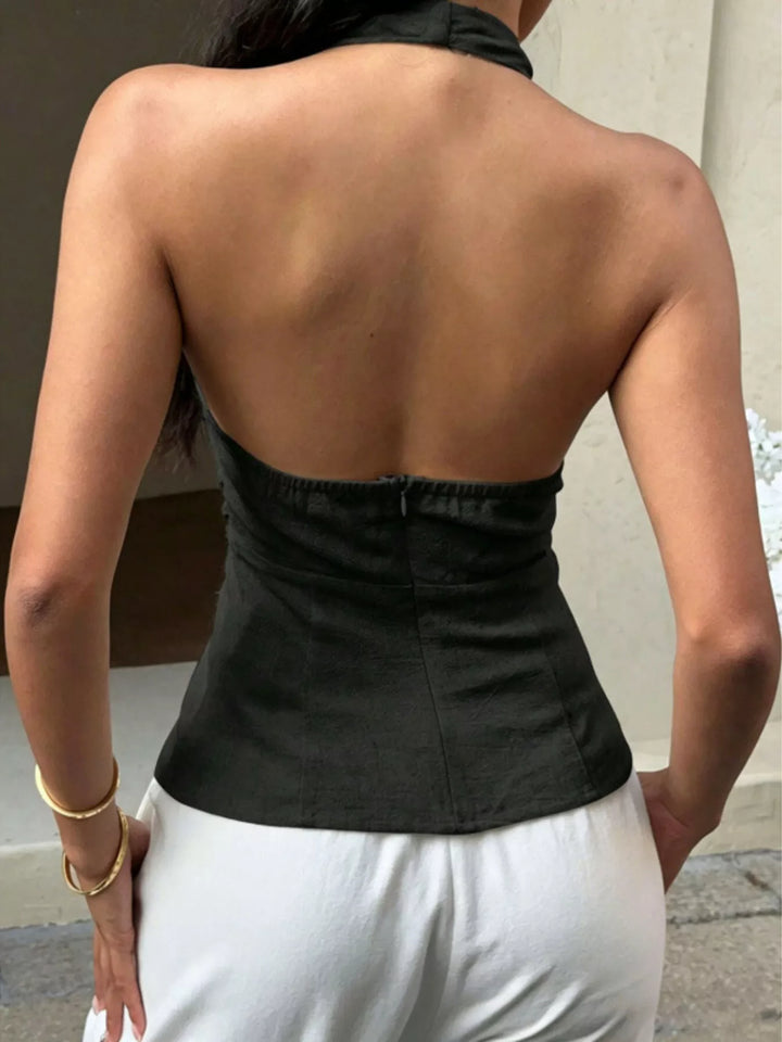 Deep plunge halter tank with front zipper and waist D-ring detail