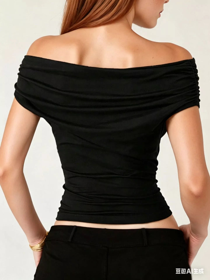 Off-shoulder ruched fitted top with short sleeves