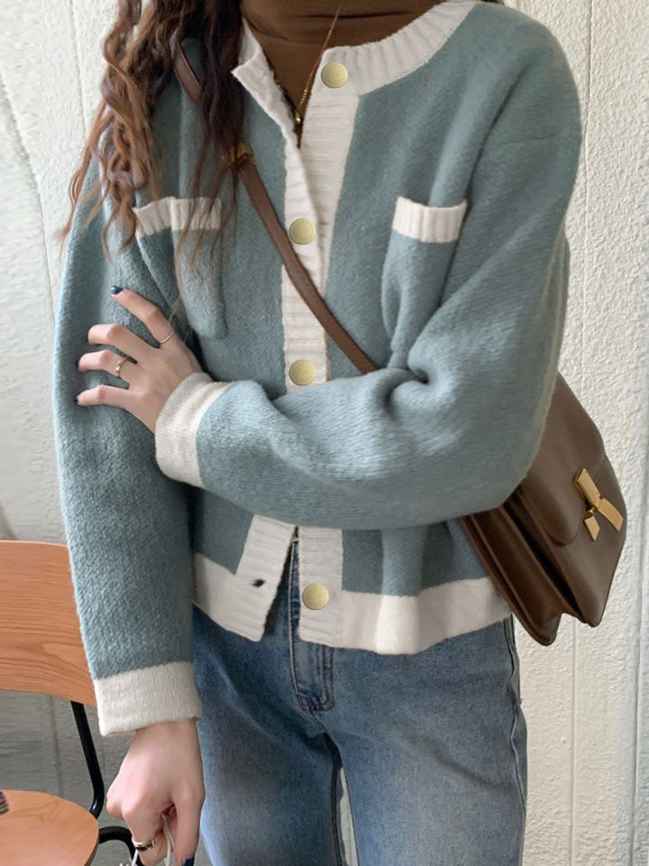 Contrast-trim button-up knit cardigan with patch pockets