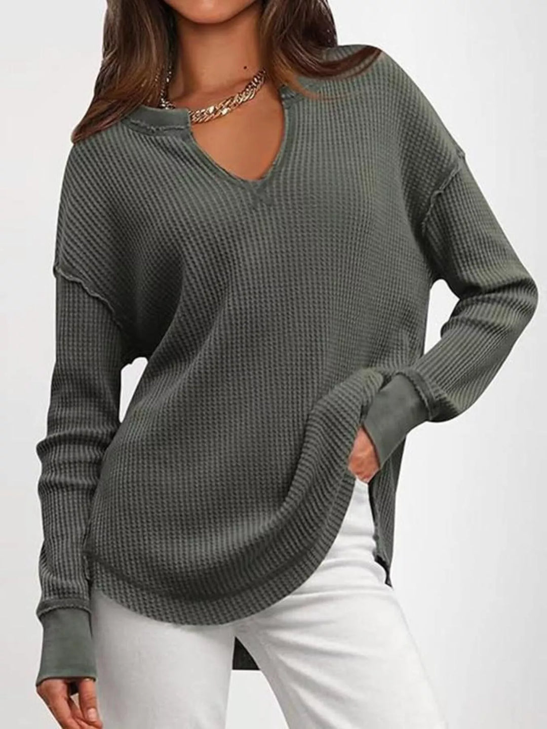 Waffle knit notched neck long sleeve tunic top