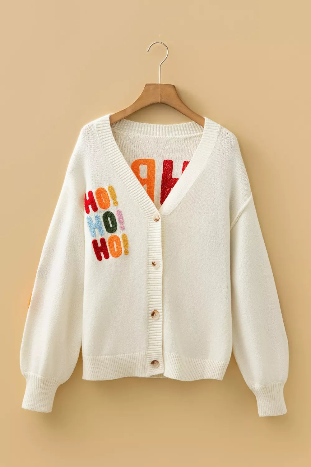 Ho Ho Ho chenille letter button-up knit cardigan