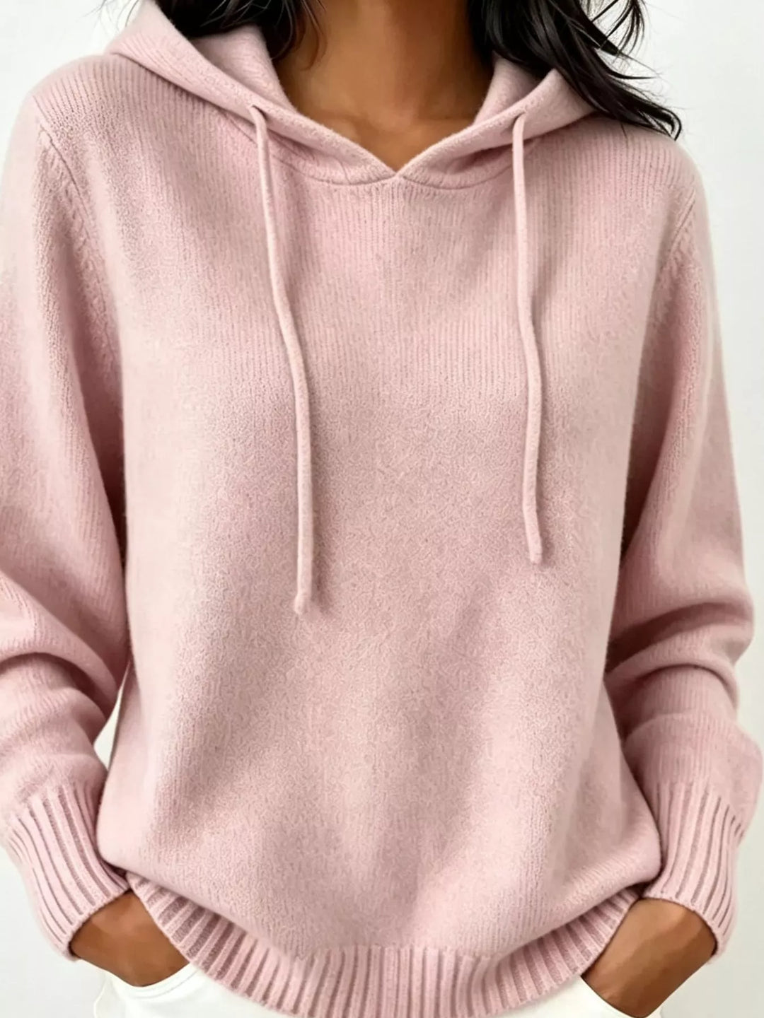 Pink Purple Drawstring hooded knit pullover sweater with ribbed trim