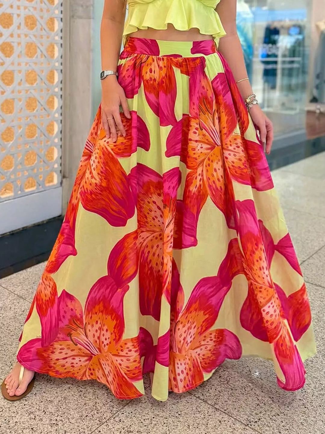 Bold floral print flared maxi skirt with pockets