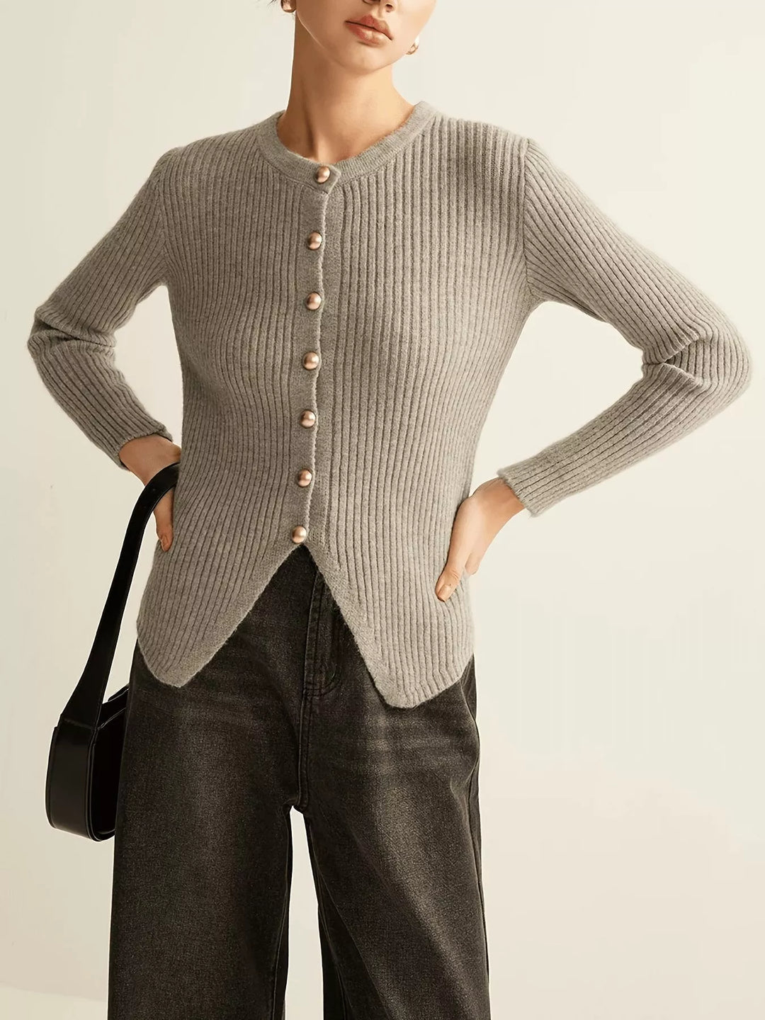 Ribbed knit button-down cardigan with gold buttons