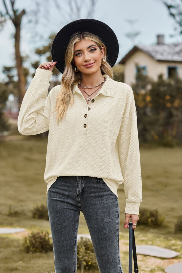 Ivory Textured knit collared top with half-button placket