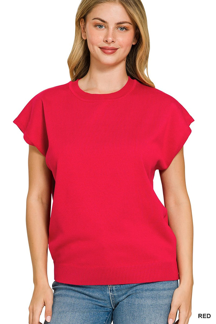 RED Short sleeve knit sweater top with ribbed crew neck