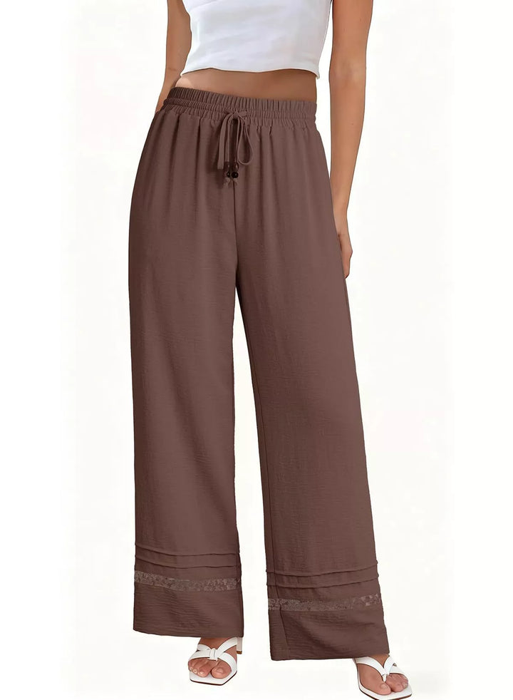 Wide leg drawstring pants with embroidered lace hem