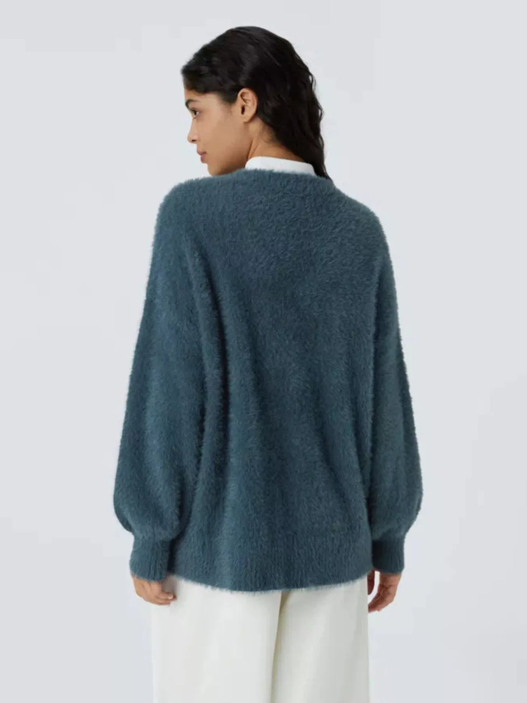 Fuzzy knit V-neck button-down cardigan